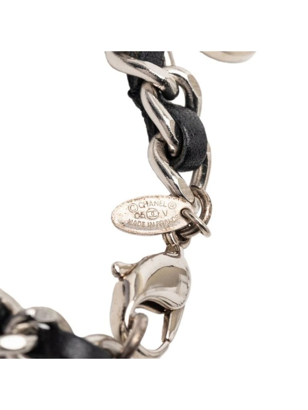Chanel CC Logo Bracelet Silver Black Metal Leather - Picture 5 of 5